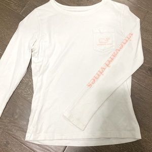 Vineyard Vines white long sleeve with neon orange writing.